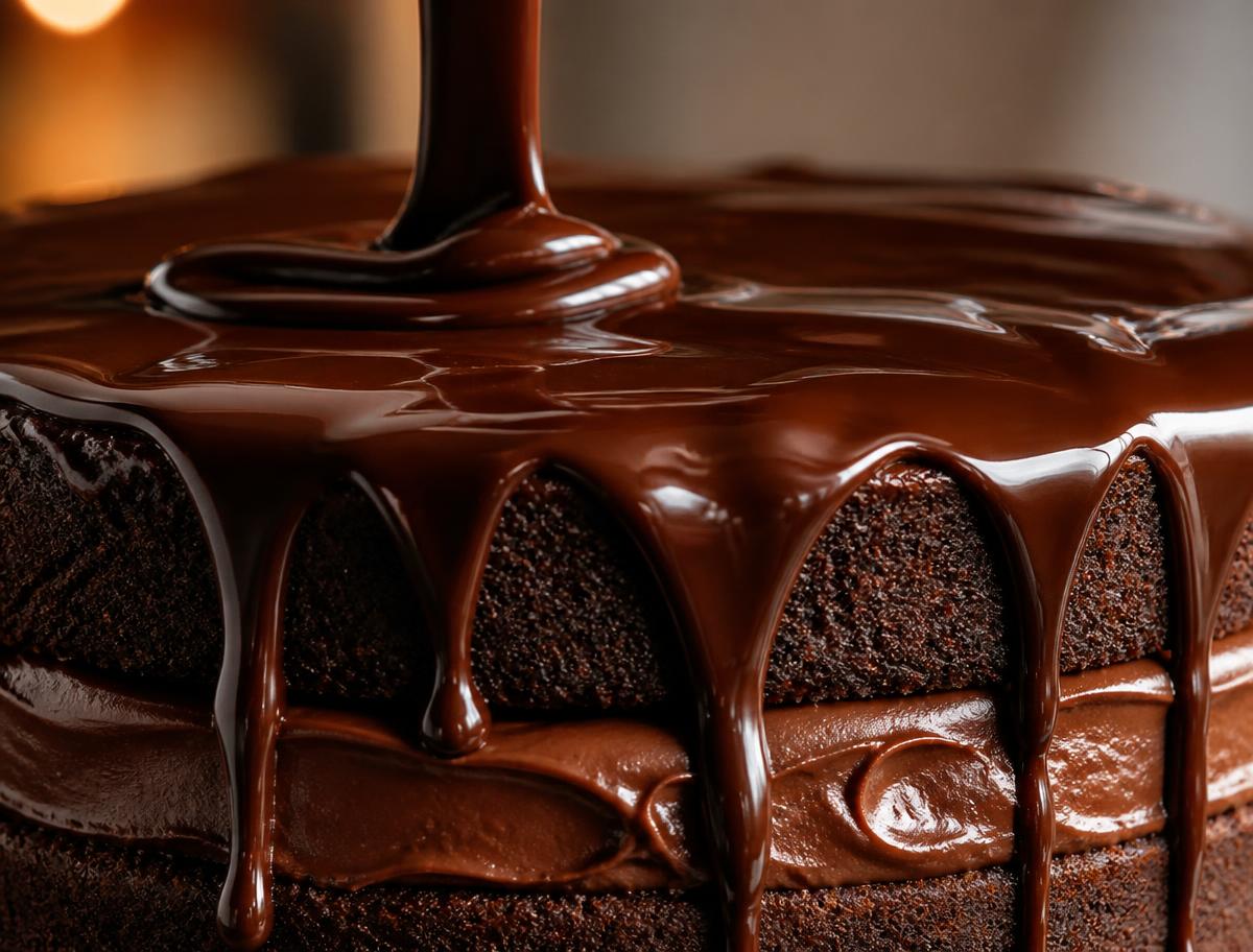 Ganache espelhado a escorrer sobre bolo de chocolate