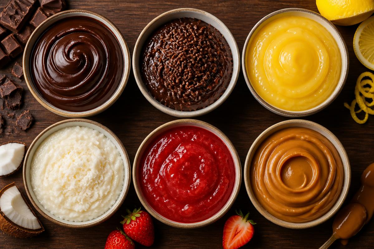 Seis taças com recheios gourmet: ganache, brigadeiro, maracujá, coco, morango e doce de leite