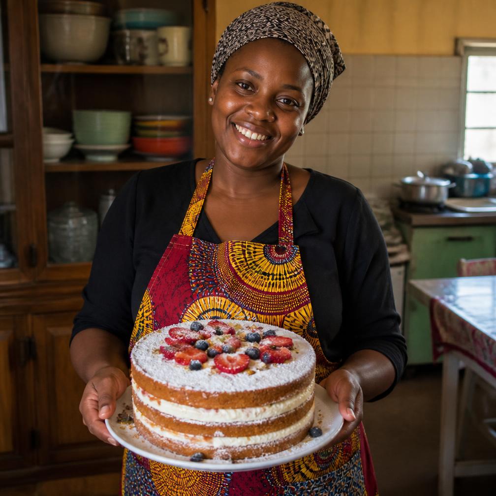 Confeiteira moçambicana a segurar um bolo recheado na sua cozinha
